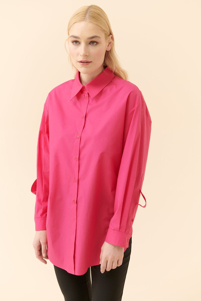 Roman Solid Cuff-Tied Poplin Shirt Fuchsia