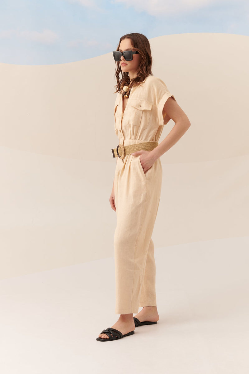 Roman Solid Short Sleeve Jumpsuit Natural