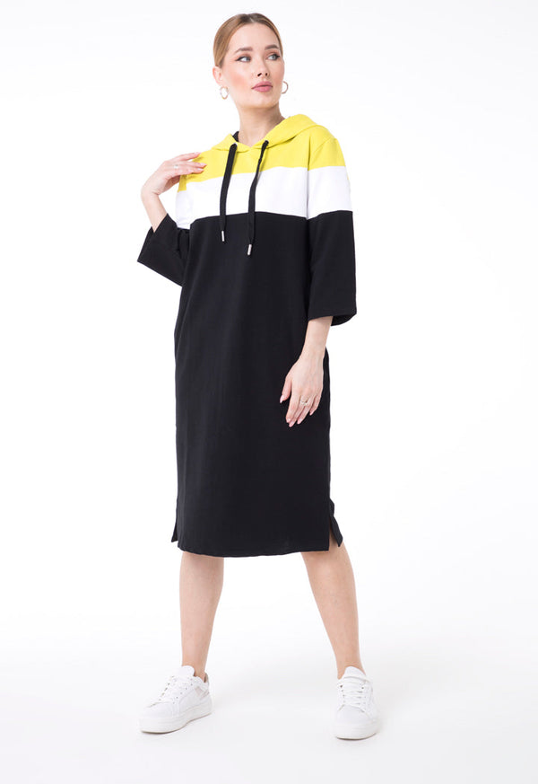 UNQ Three-Quarter Sleeve Drawstring Shift Midi Hoodie Dress MULTI COLOR