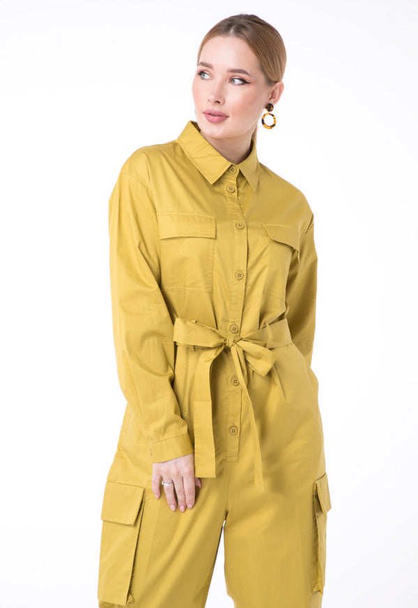 UNQ Long Sleeve Belted Cargo Jumpsuit LIME