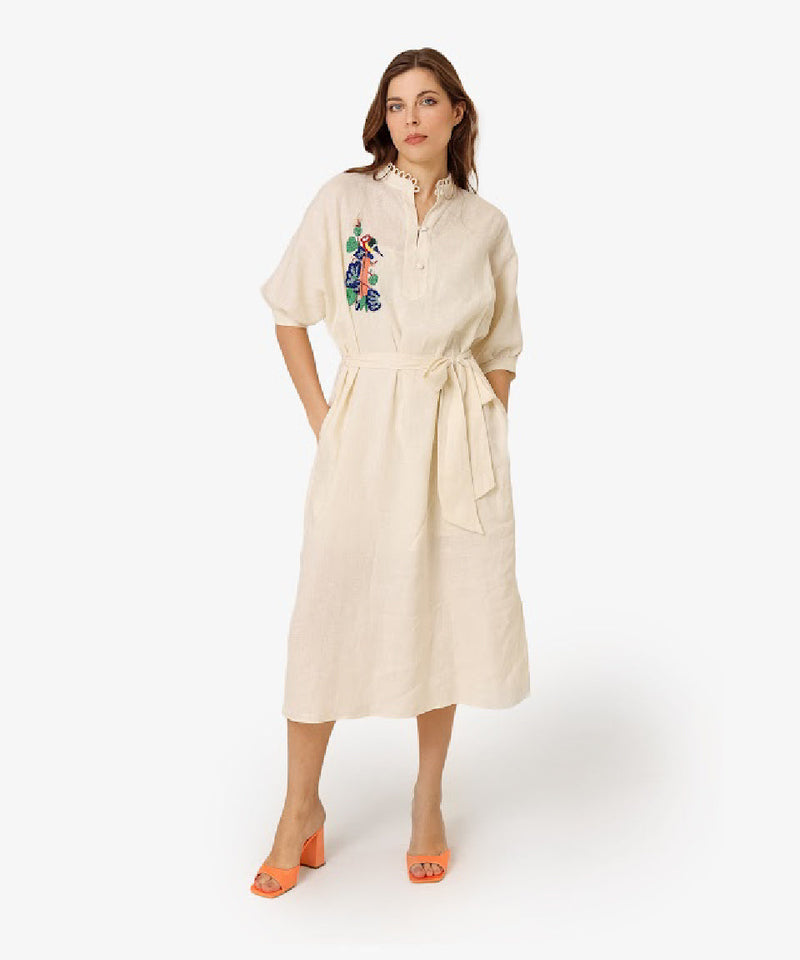 Machka Embroidered Detail Linen Dress Ecru