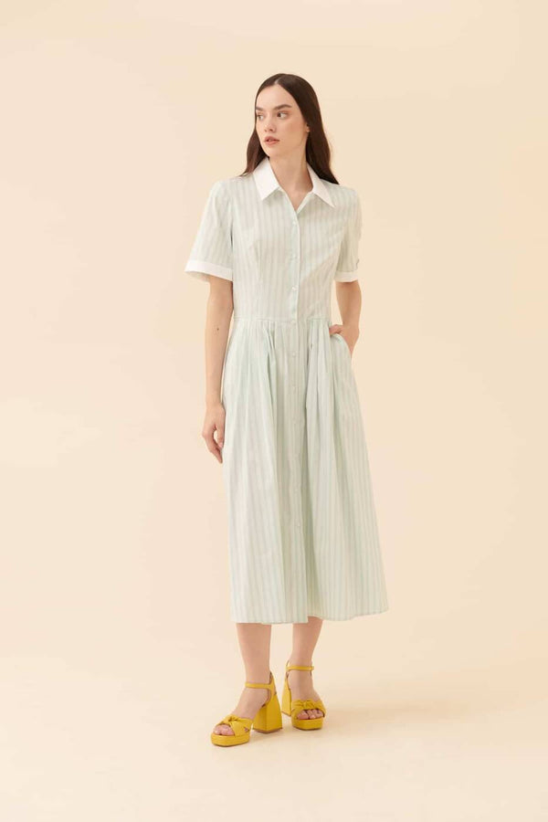 Roman Striped Short Sleeves Shirt Dress Mint